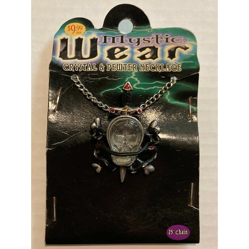 Crystal & Pewter Skull & Sword 25" Chain Necklace Mystic Wear 2004 Gothic Style